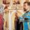 a priest blesses a young woman in a headscarf in an Orthodox church after a festive church mass.